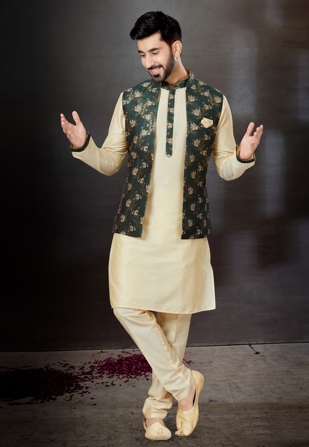 Cream Silk Kurta Pajama With Jacket 259347