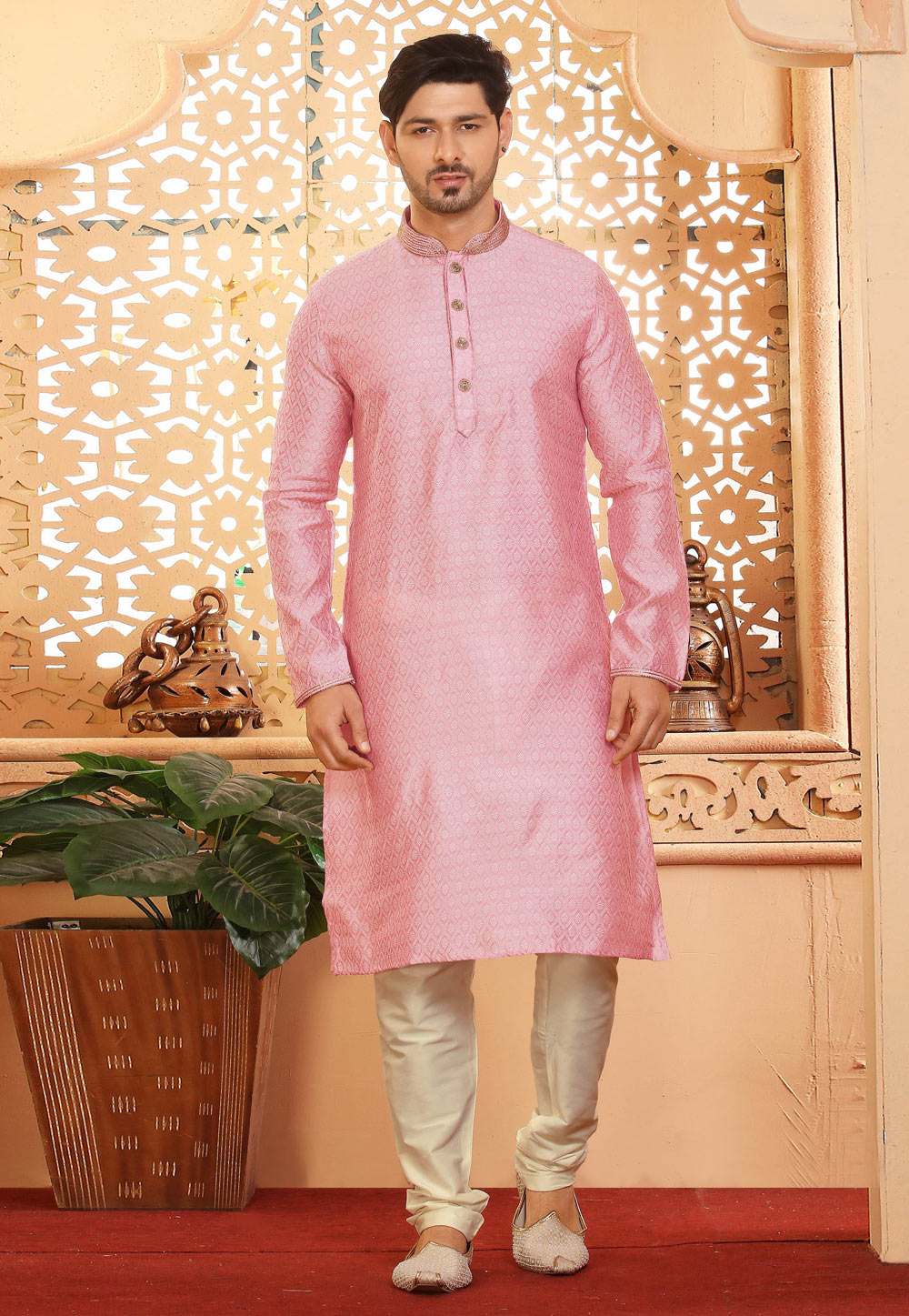 Pink Jacquard Kurta Pajama 238006