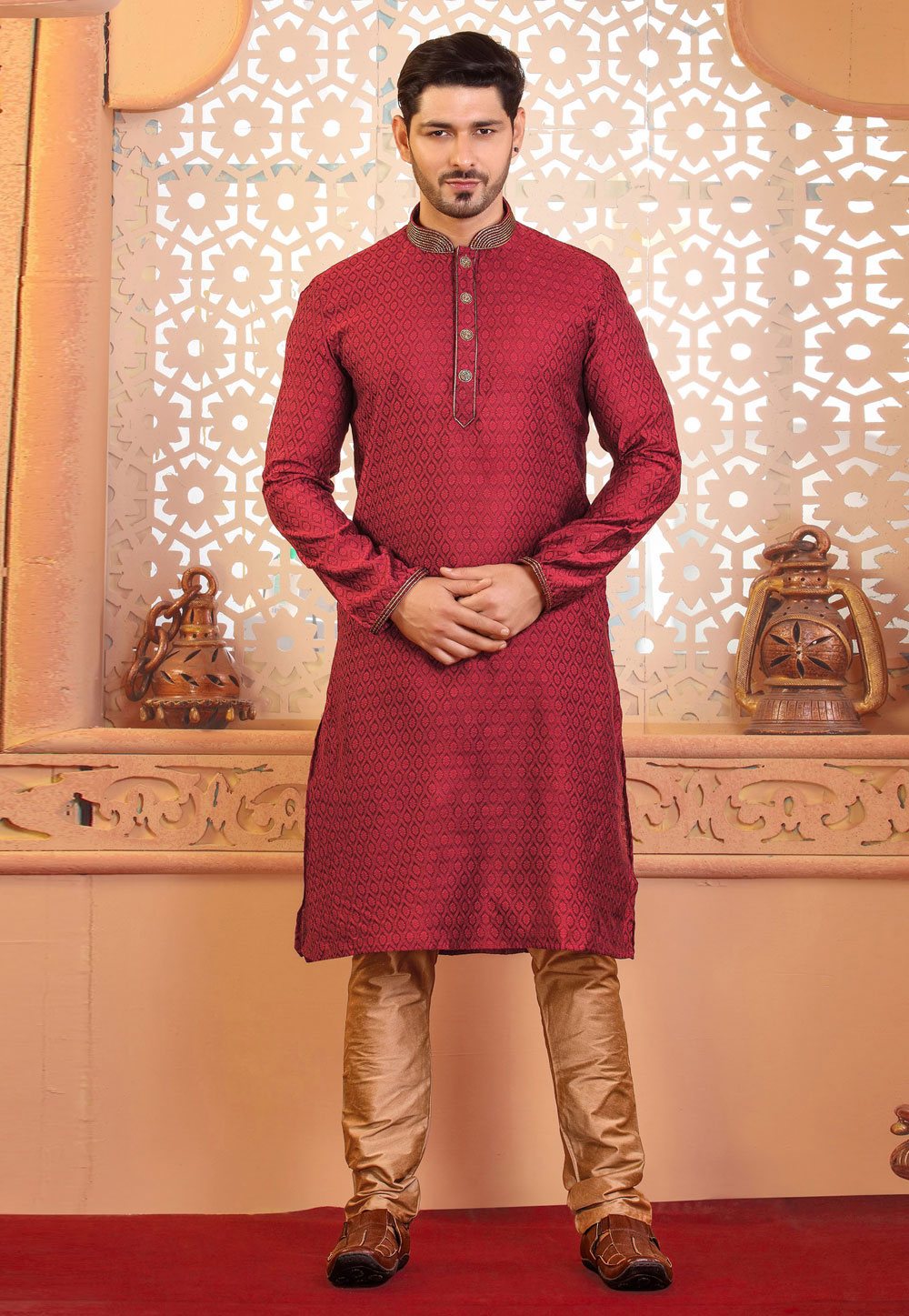 Maroon Jacquard Kurta Pajama 237998