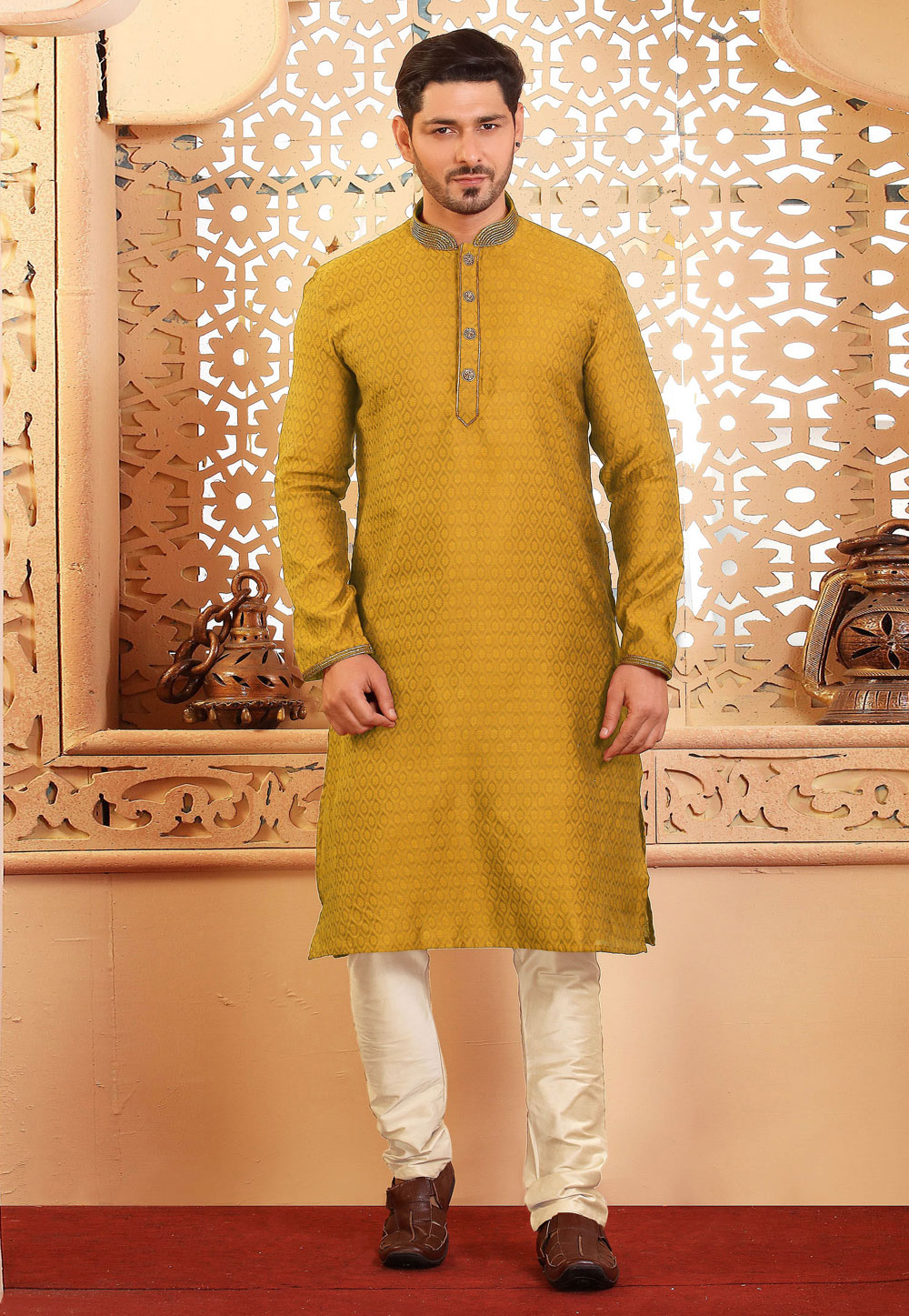 Mustard Jacquard Kurta Pajama 237999