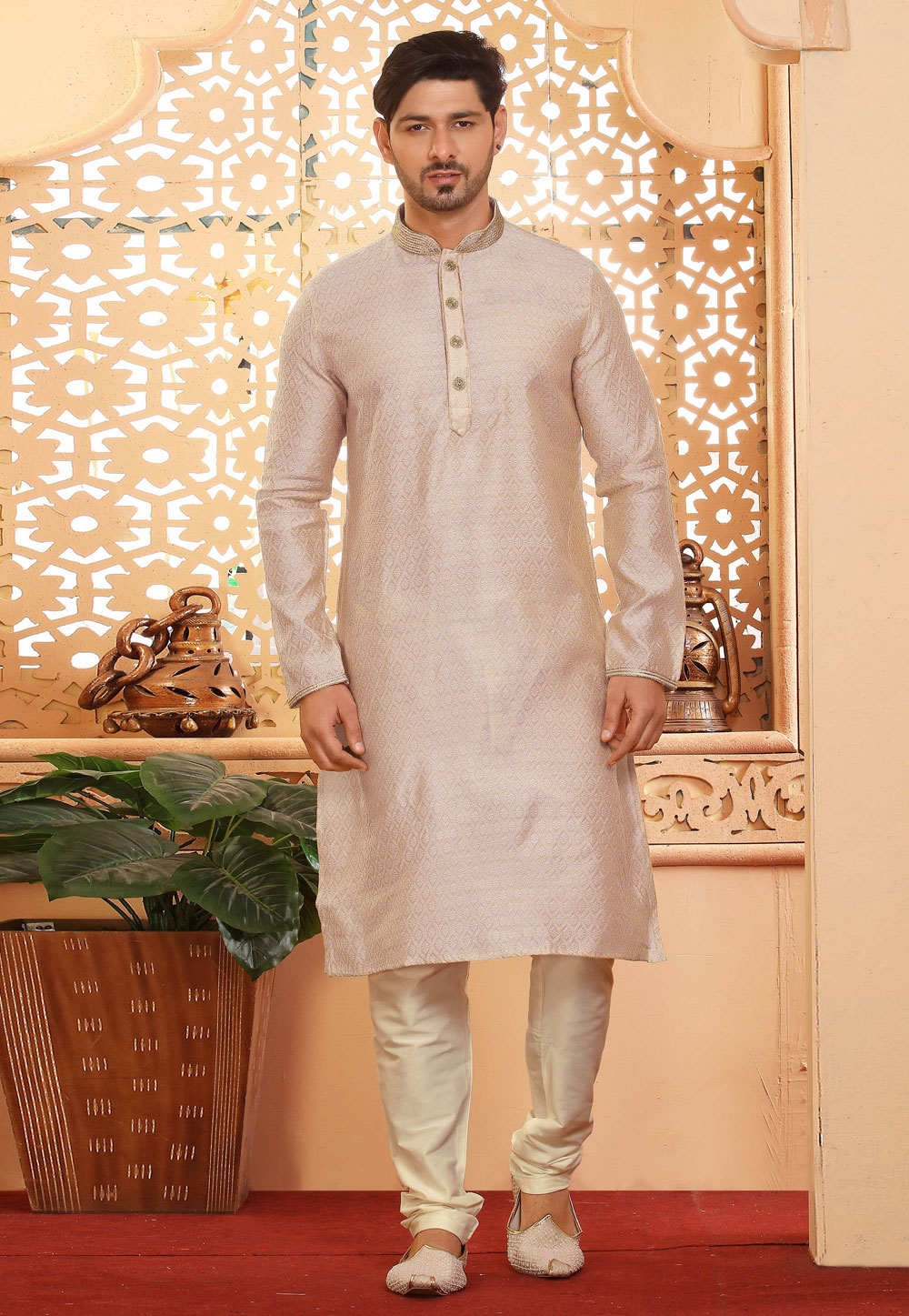 Off White Jacquard Kurta Pajama 238001