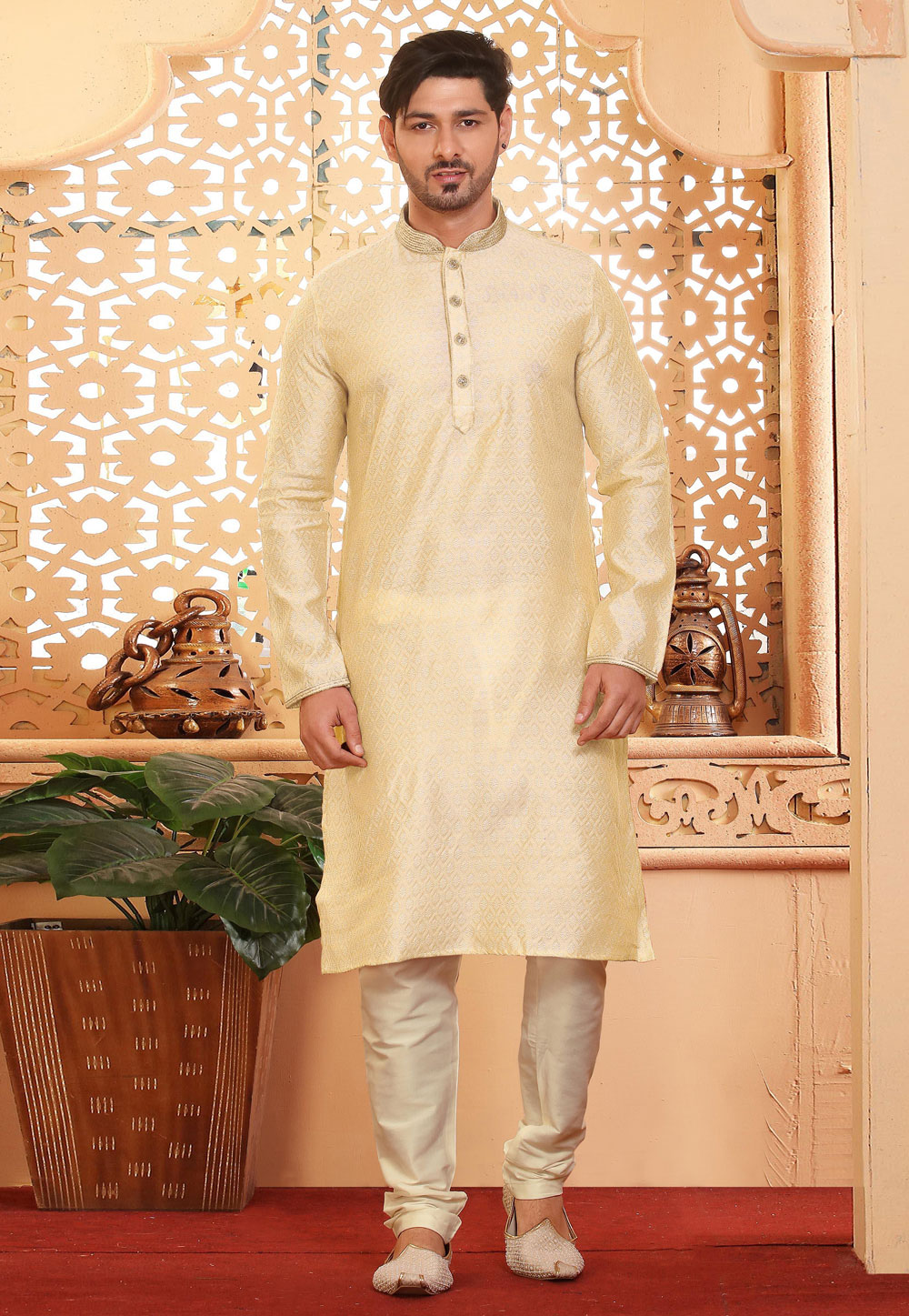 Cream Jacquard Kurta Pajama 238002