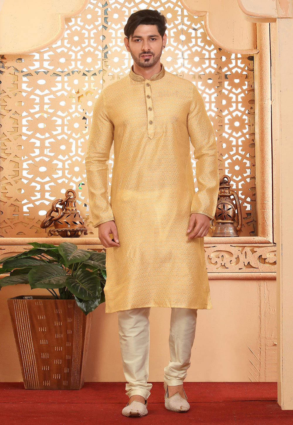 Yellow Jacquard Kurta Pajama 238004