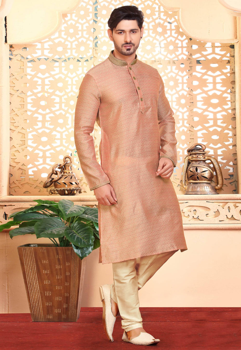 Peach Jacquard Kurta Pajama 238005
