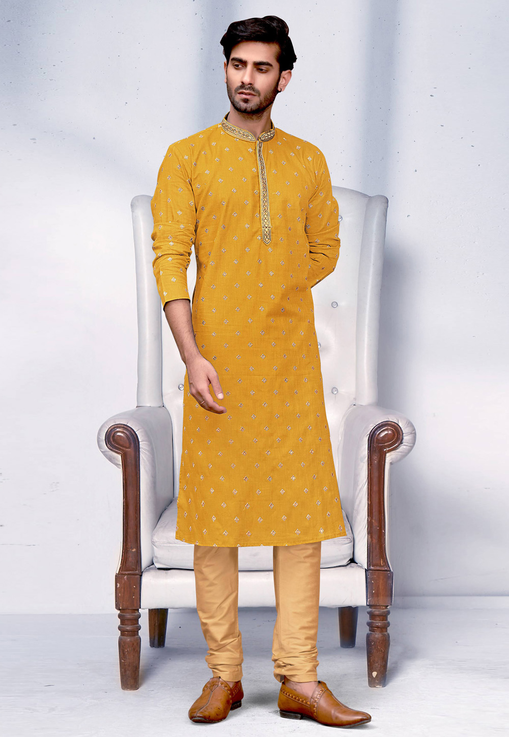 Mustard Cotton Kurta Pajama 237994