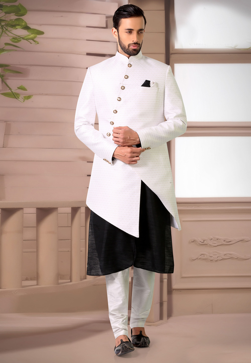 White Jacquard Indo Western Suit 233716