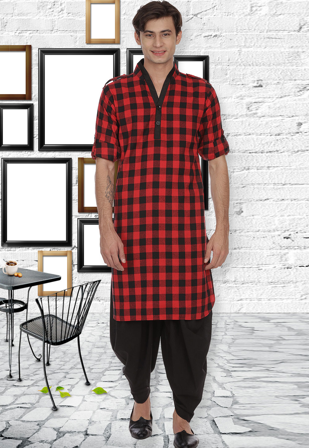 Red Cotton Readymade Pathani Suit 175880