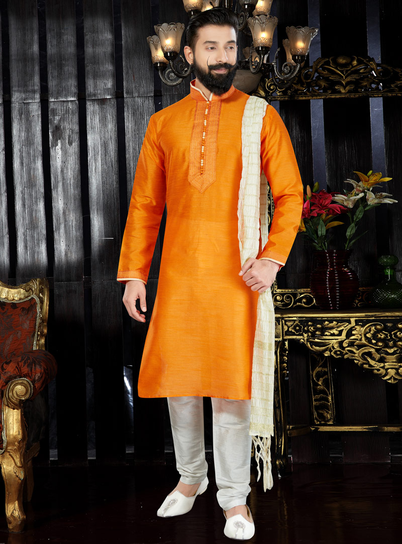 Orange Dupion Readymade Kurta Pajama 97473