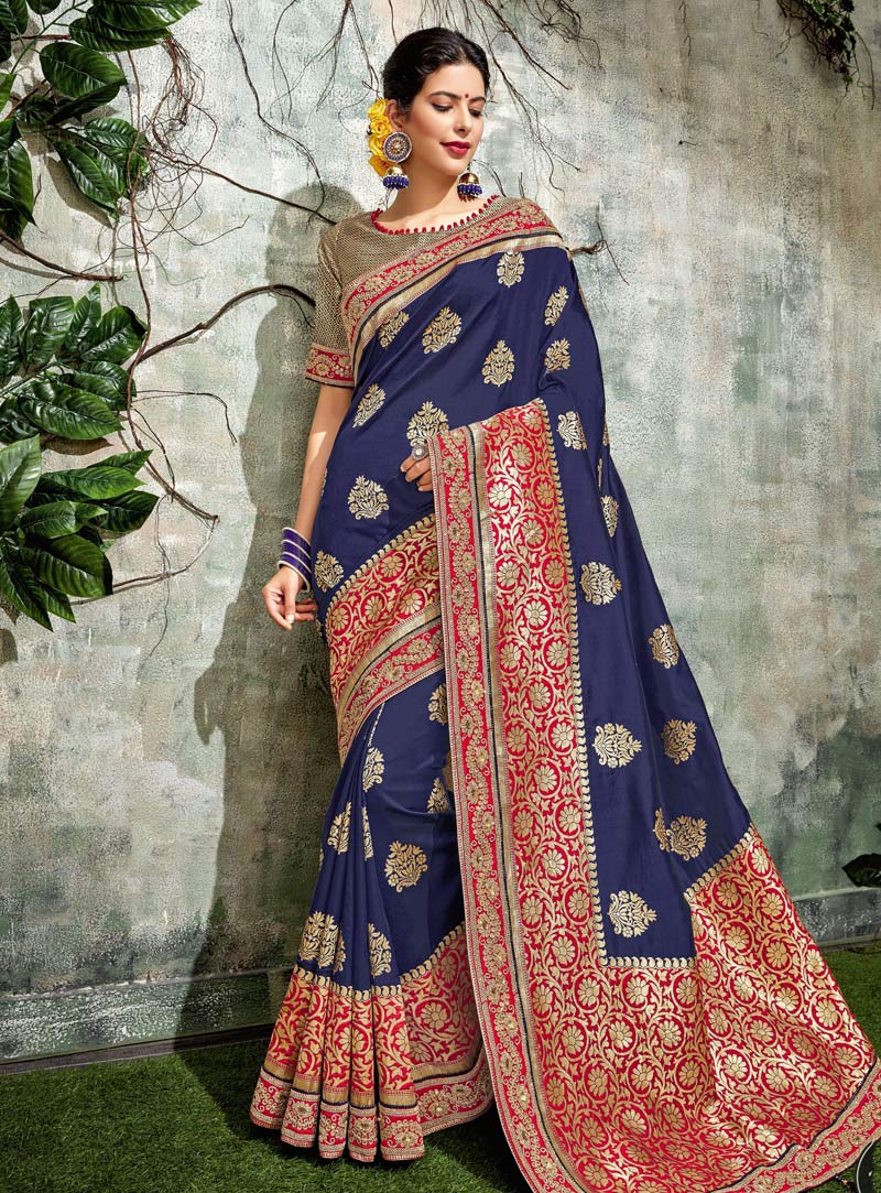 Navy Blue Silk Saree With Blouse 146749