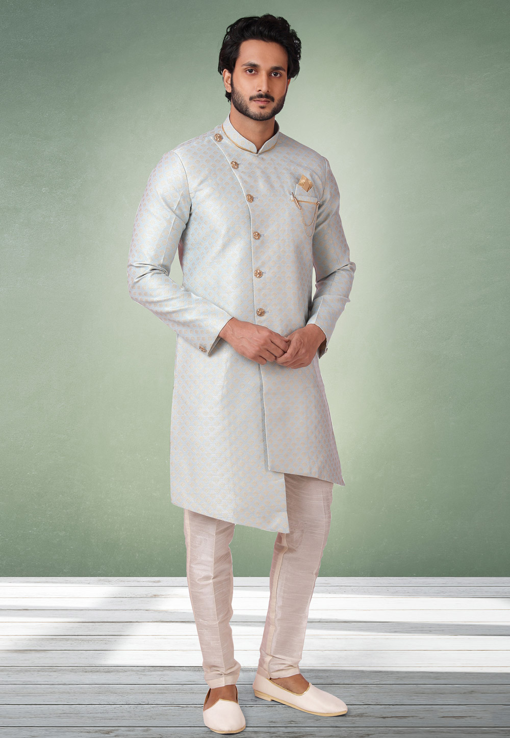 Grey Jacquard Indo Western Suit 238095