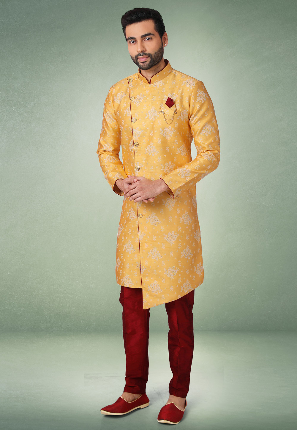 Yellow Jacquard Indo Western Suit 238101