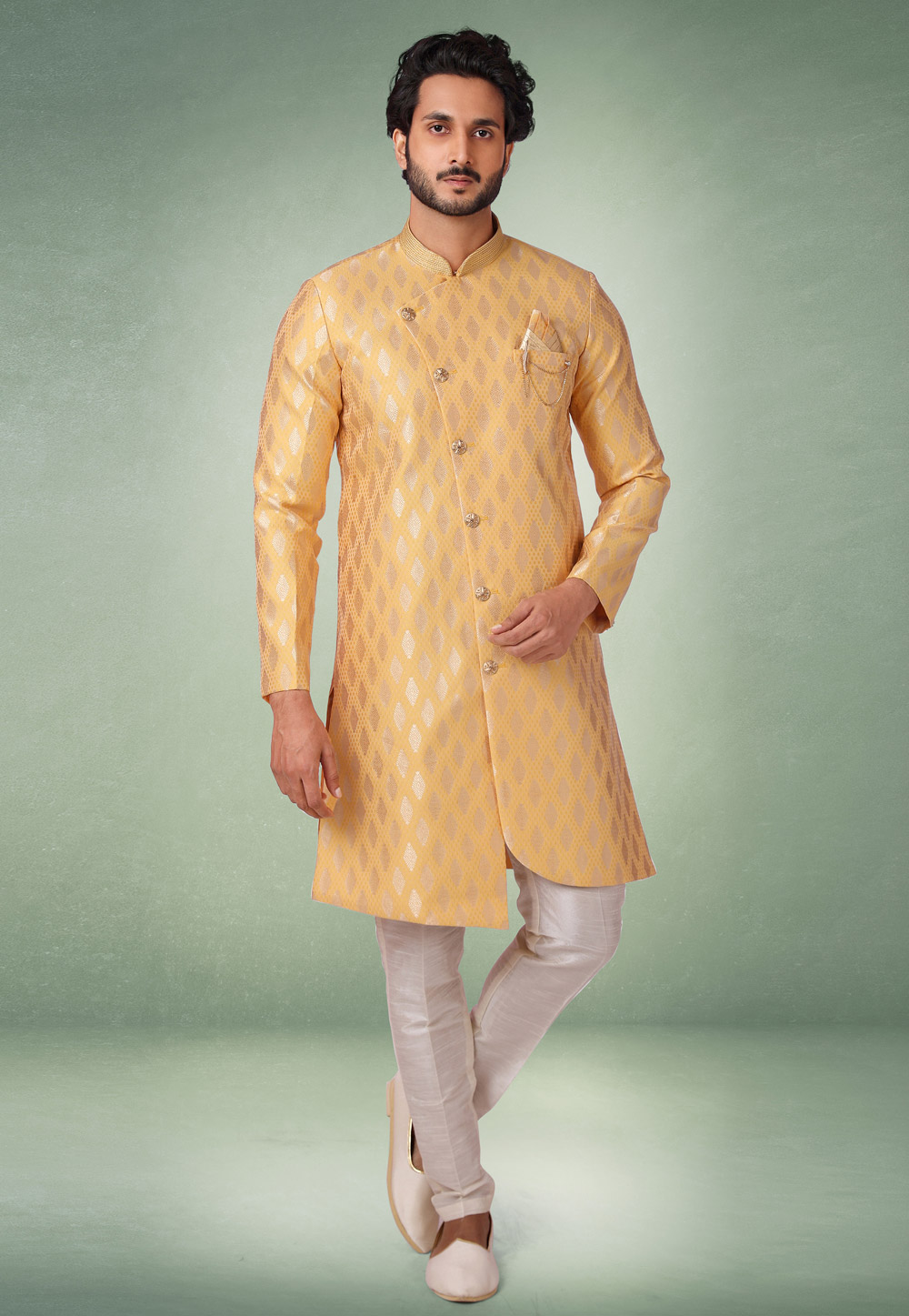 Yellow Jacquard Indo Western Suit 238105