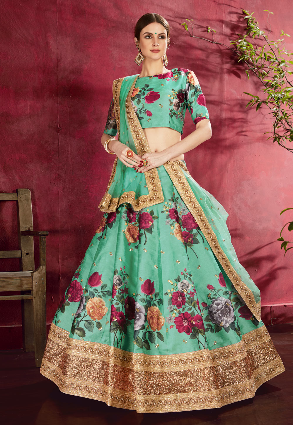Green Banglori Silk Circular Lehenga Choli 195849