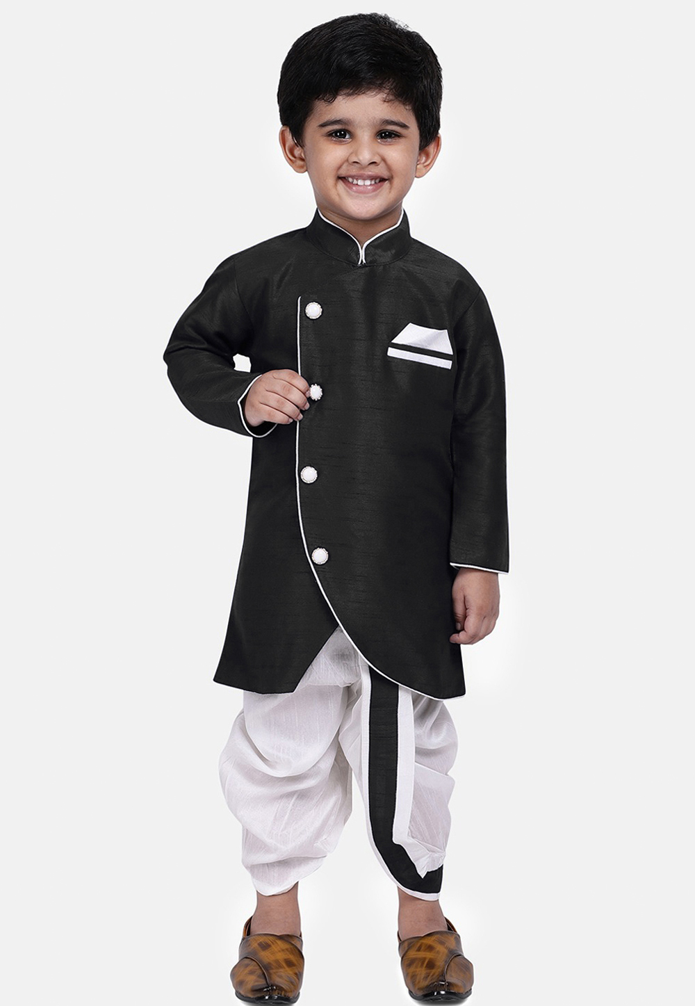 Black Dupion Silk Kids Dhoti Kurta 227687