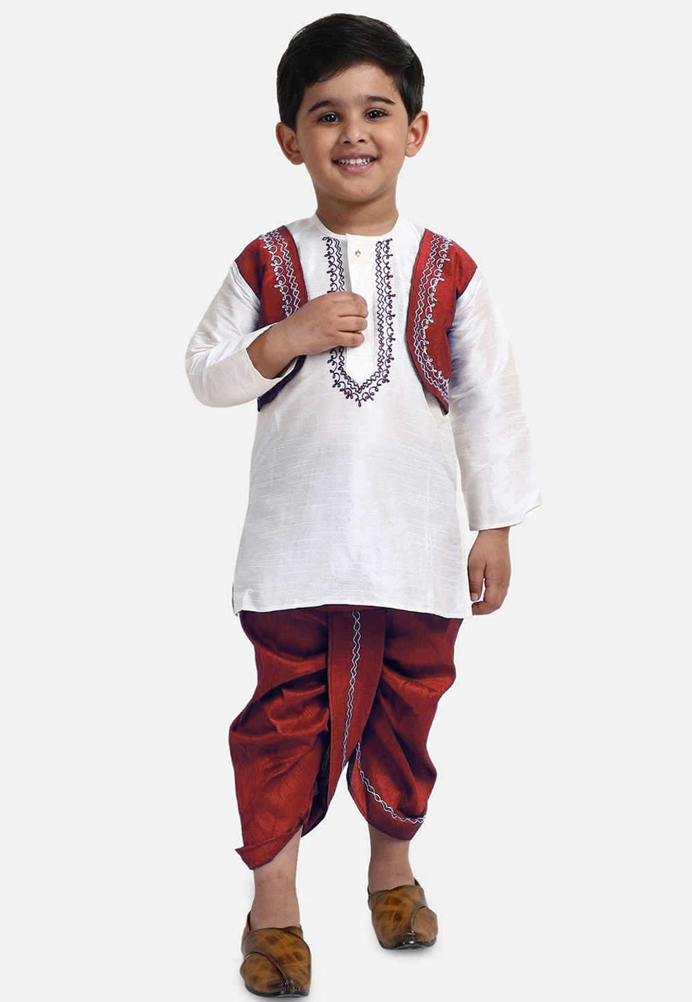 White Dupion Silk Kids Dhoti Kurta 227691