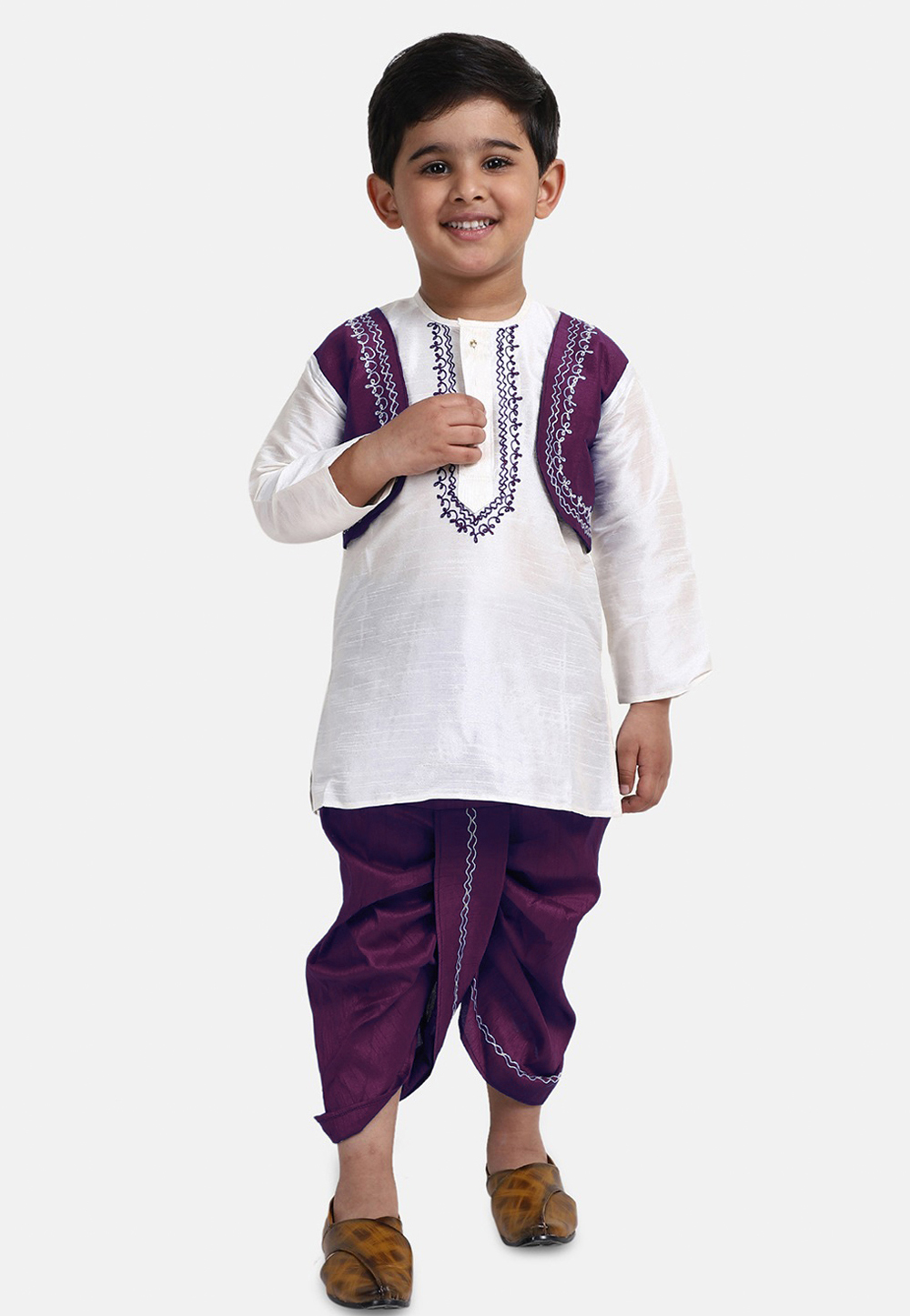 White Dupion Silk Kids Dhoti Kurta 227692
