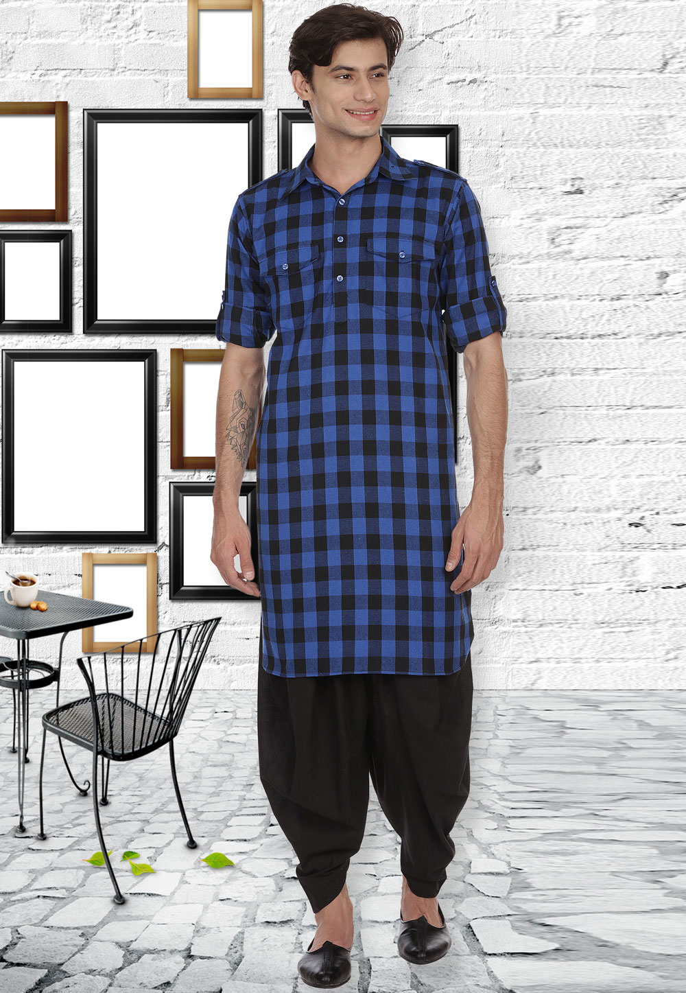 Blue Cotton Readymade Pathani Suit 175881