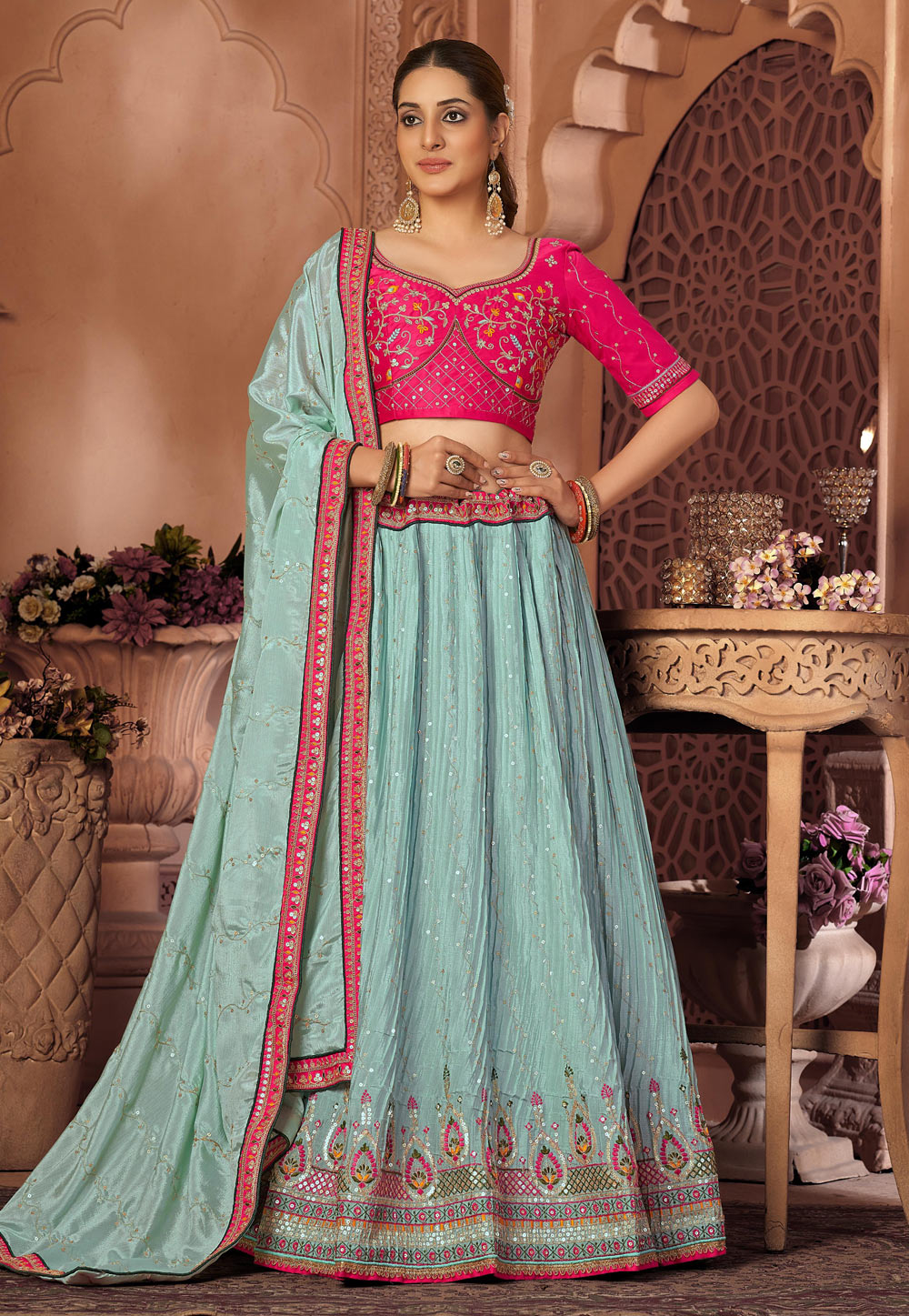 Sky Blue Chinon Circular Lehenga Choli 258523