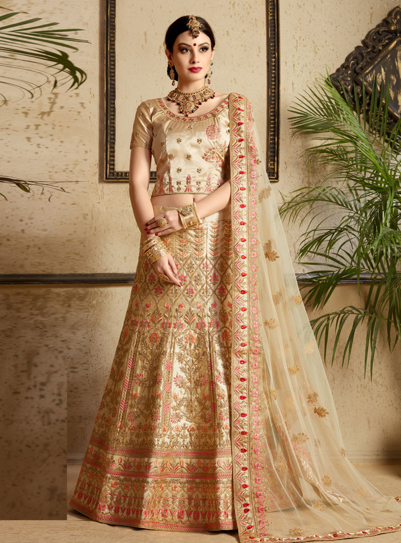 Beige Satin A Line Lehenga Choli 142501