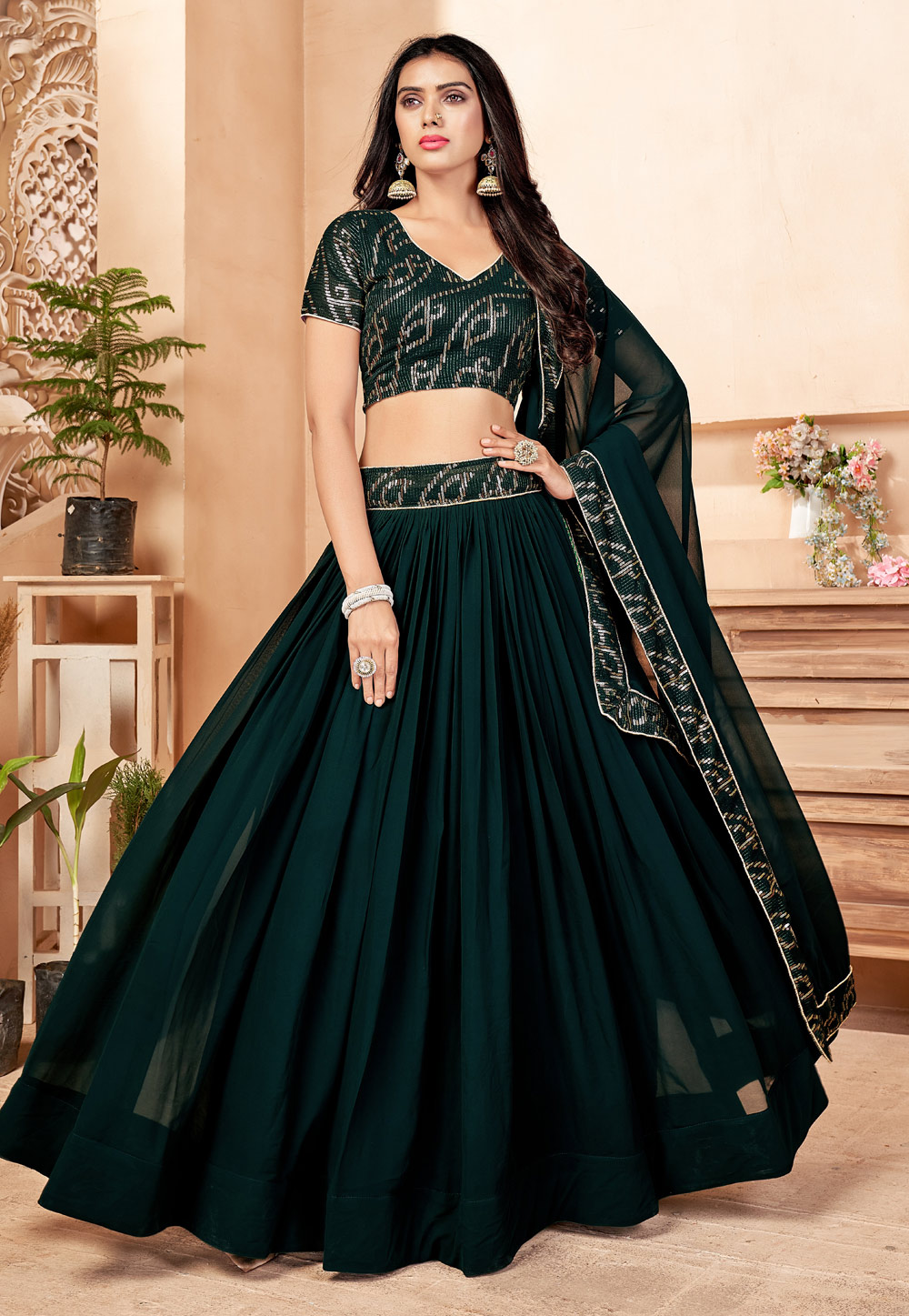 Green Faux Georgette Circular Lehenga Choli 248227