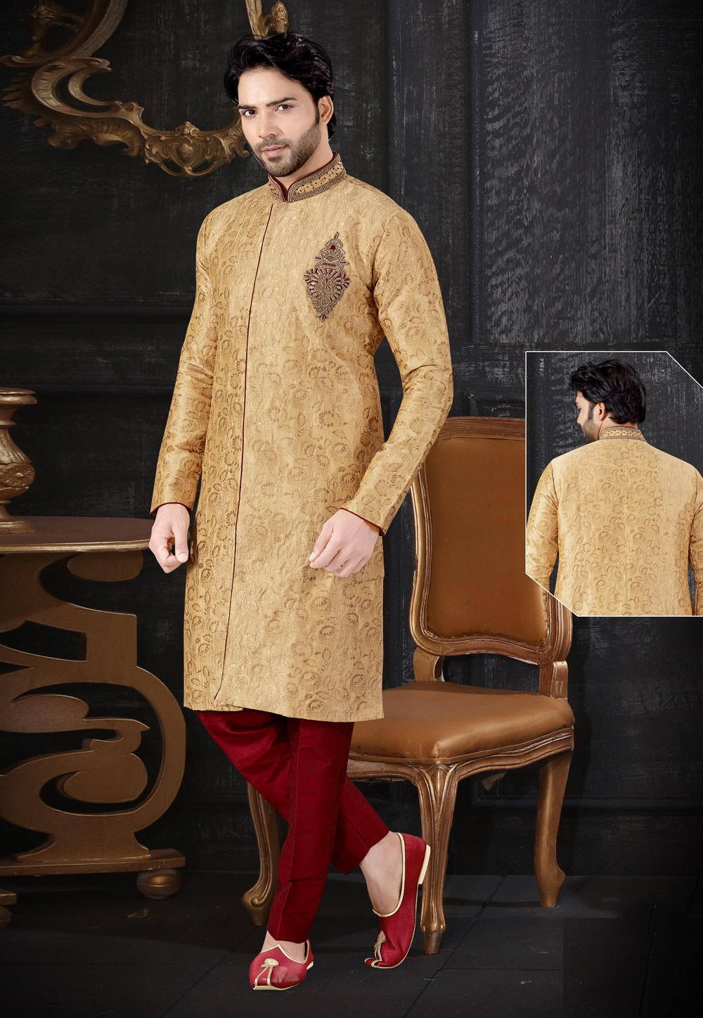 Golden Jacquard Readymade Indo Western Suit 199042