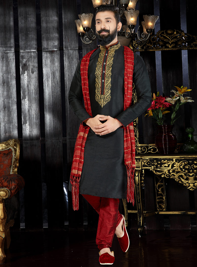 Black Dupion Readymade Kurta Pajama 97474