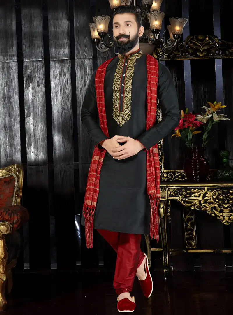 Black Dupion Readymade Kurta Pajama 97474