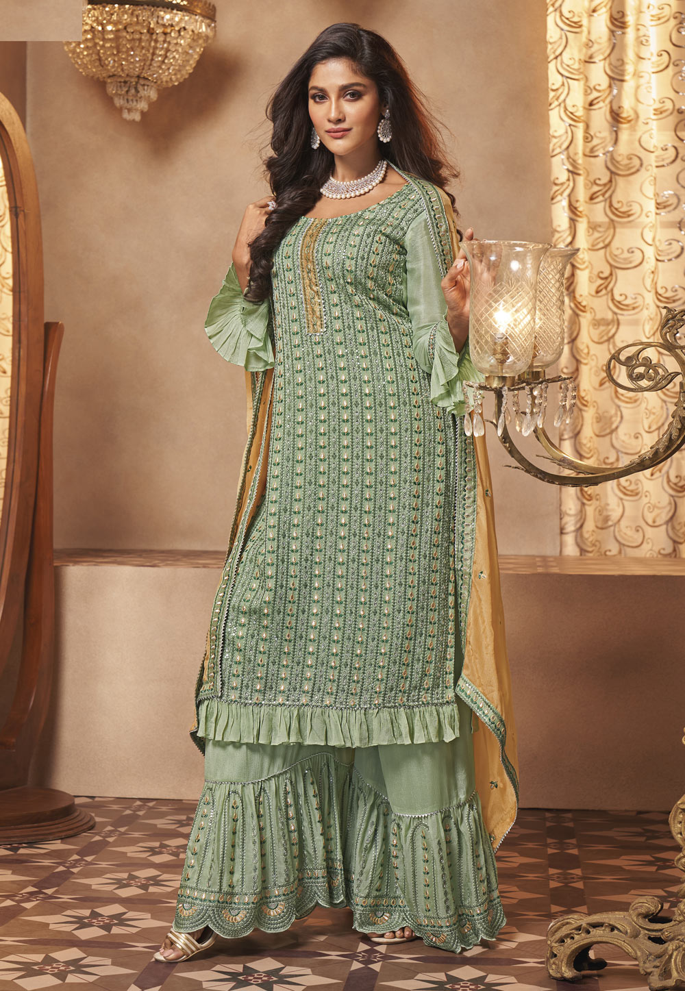 Pista Green Georgette Sharara Suit 234385