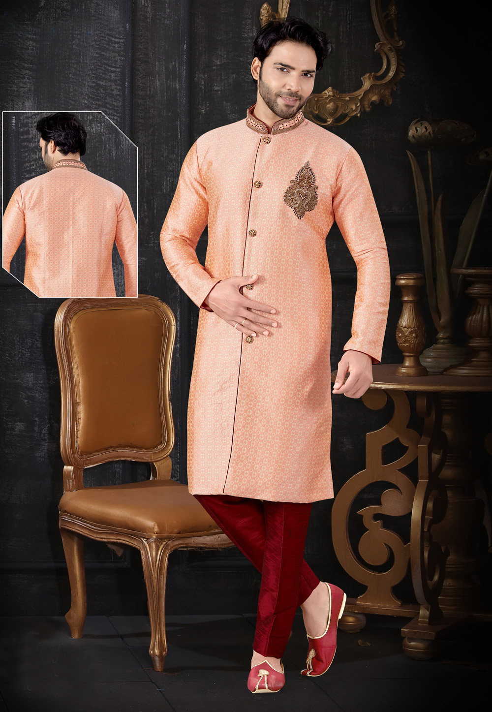 Peach Jacquard Readymade Indo Western Suit 199043