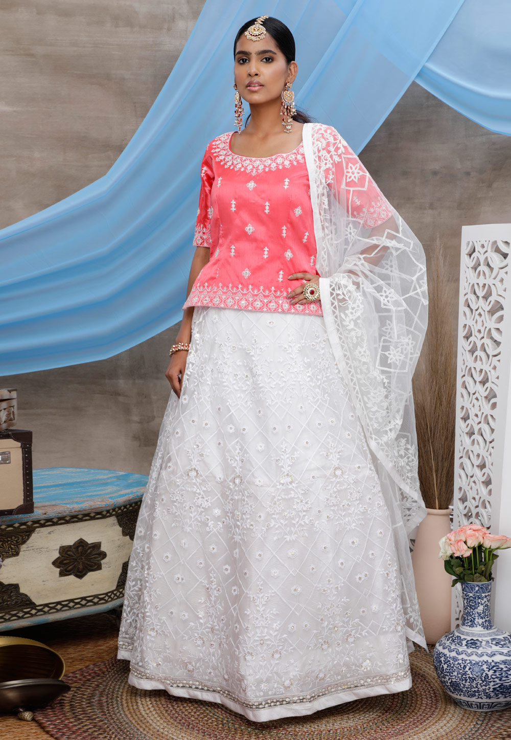 White Net Embroidered Peplum and Skirt 208781
