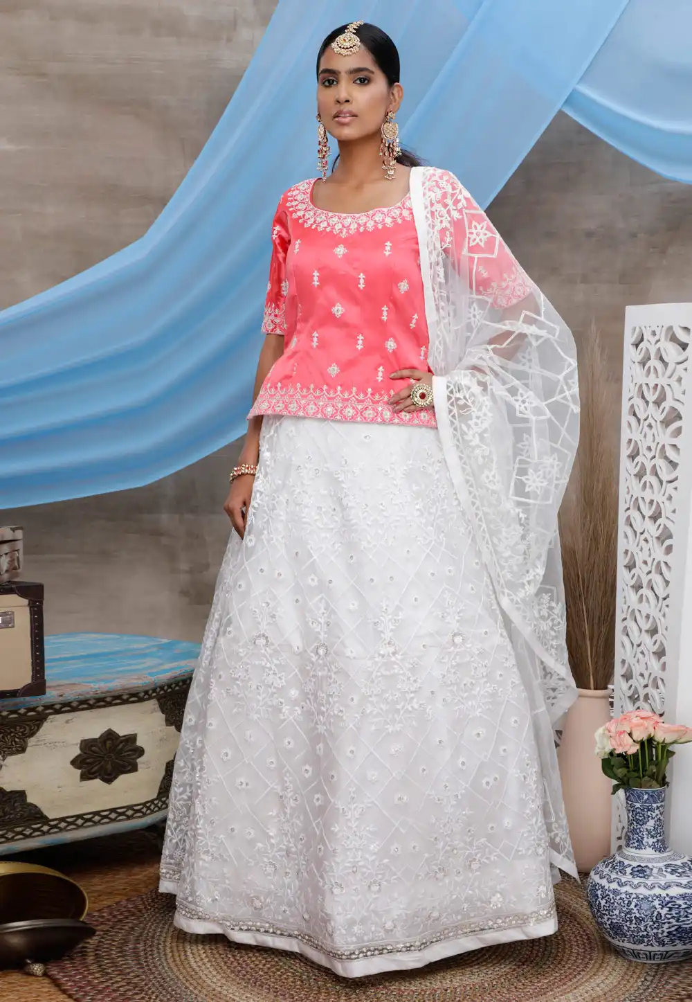 White Net Embroidered Peplum and Skirt 208781