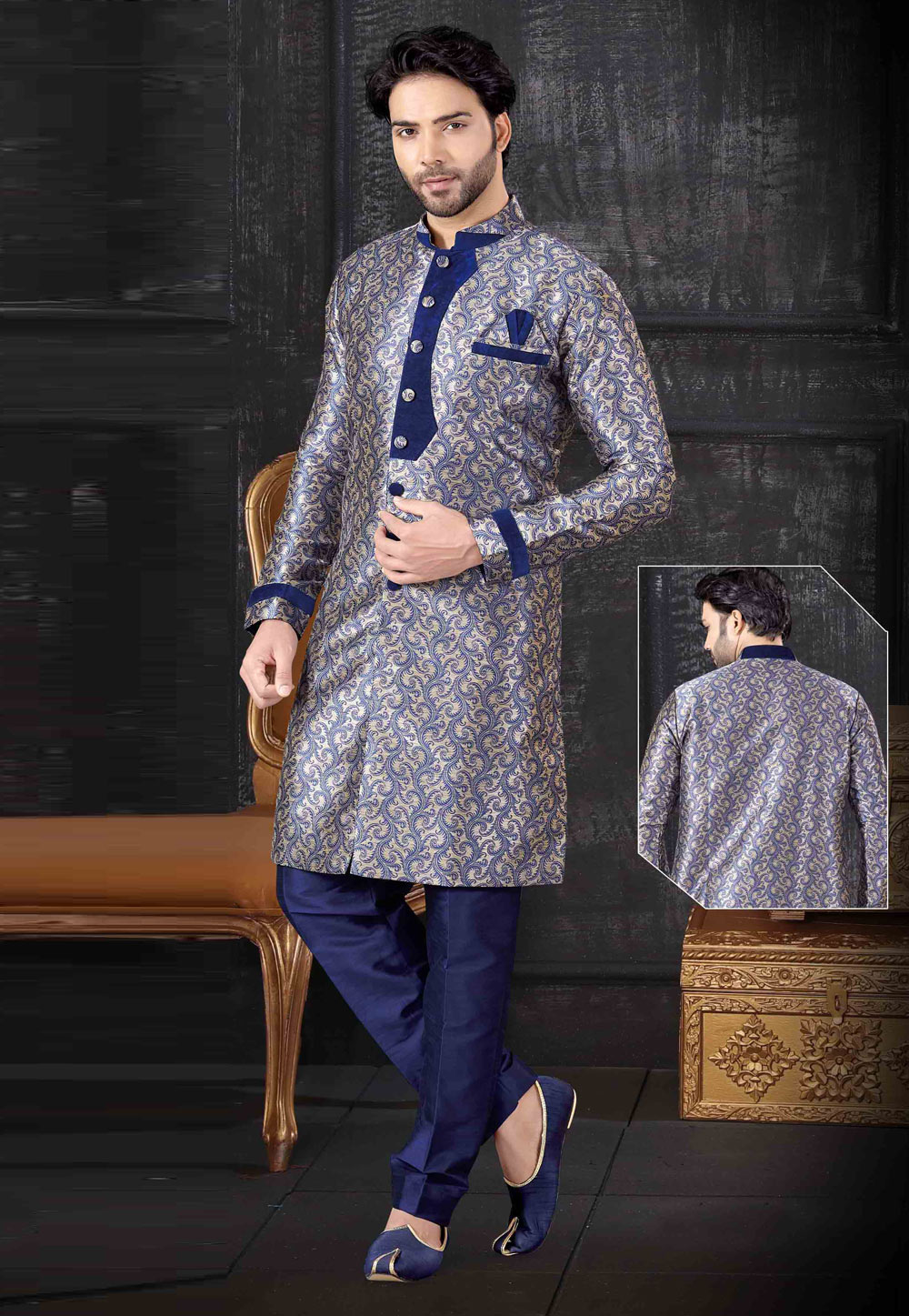 Blue Jacquard Readymade Indo Western Suit 199051