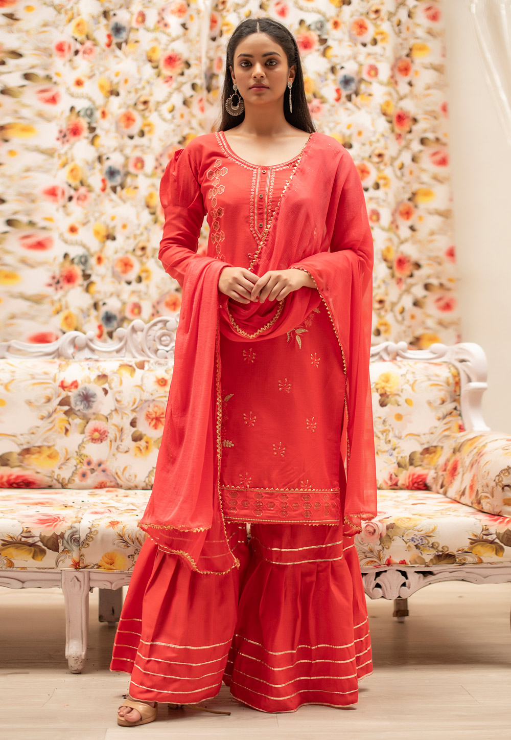 Red Silk Readymade Sharara Suit 231790