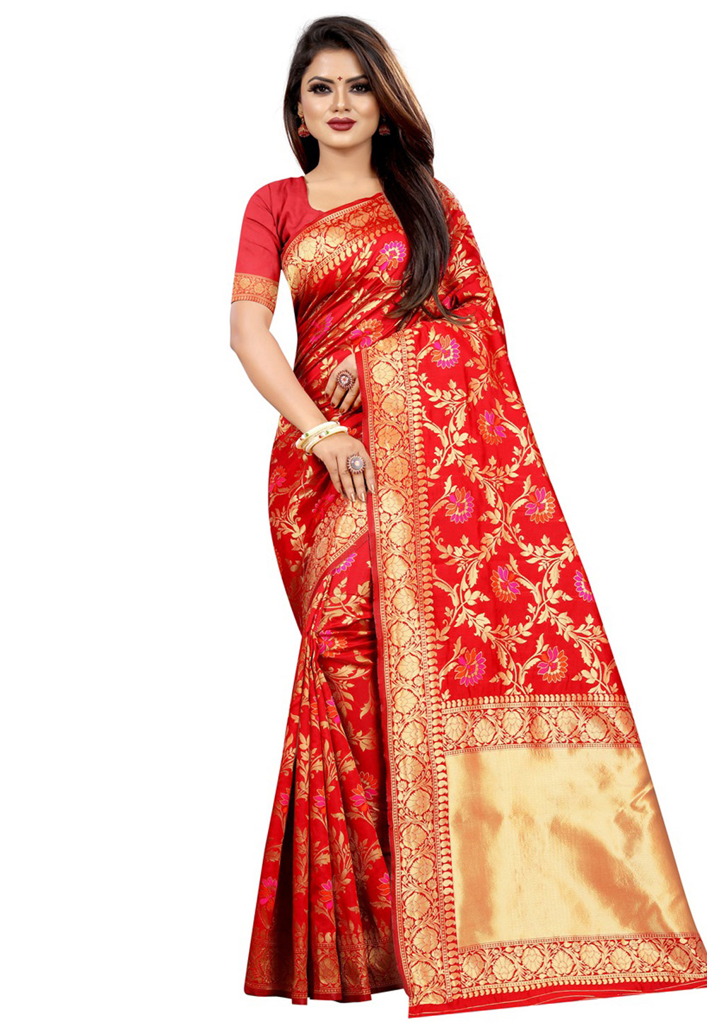 Red Banarasi Silk Saree With Blouse 195235