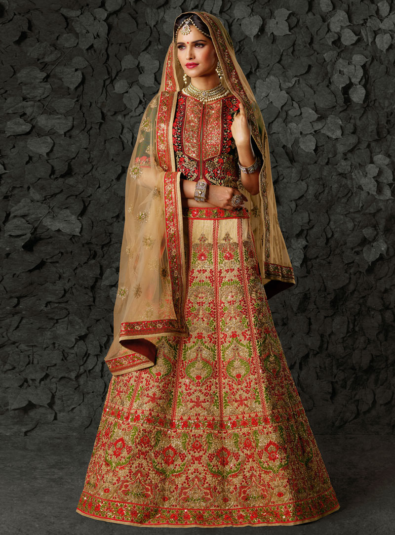 Beige Silk Embroidery Work A Line Lehenga Choli 97615