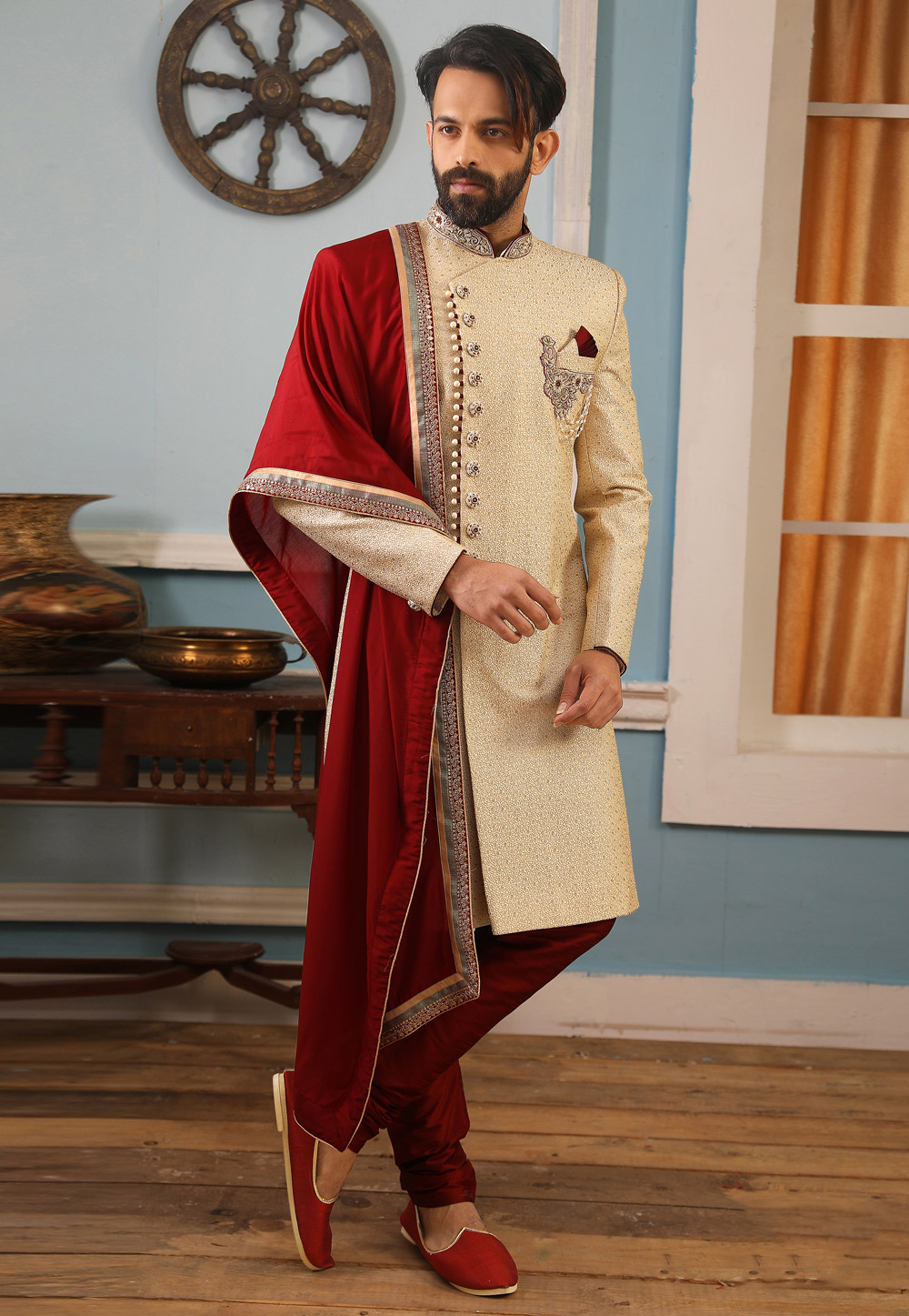 Cream Art Silk Readymade Sherwani 187090