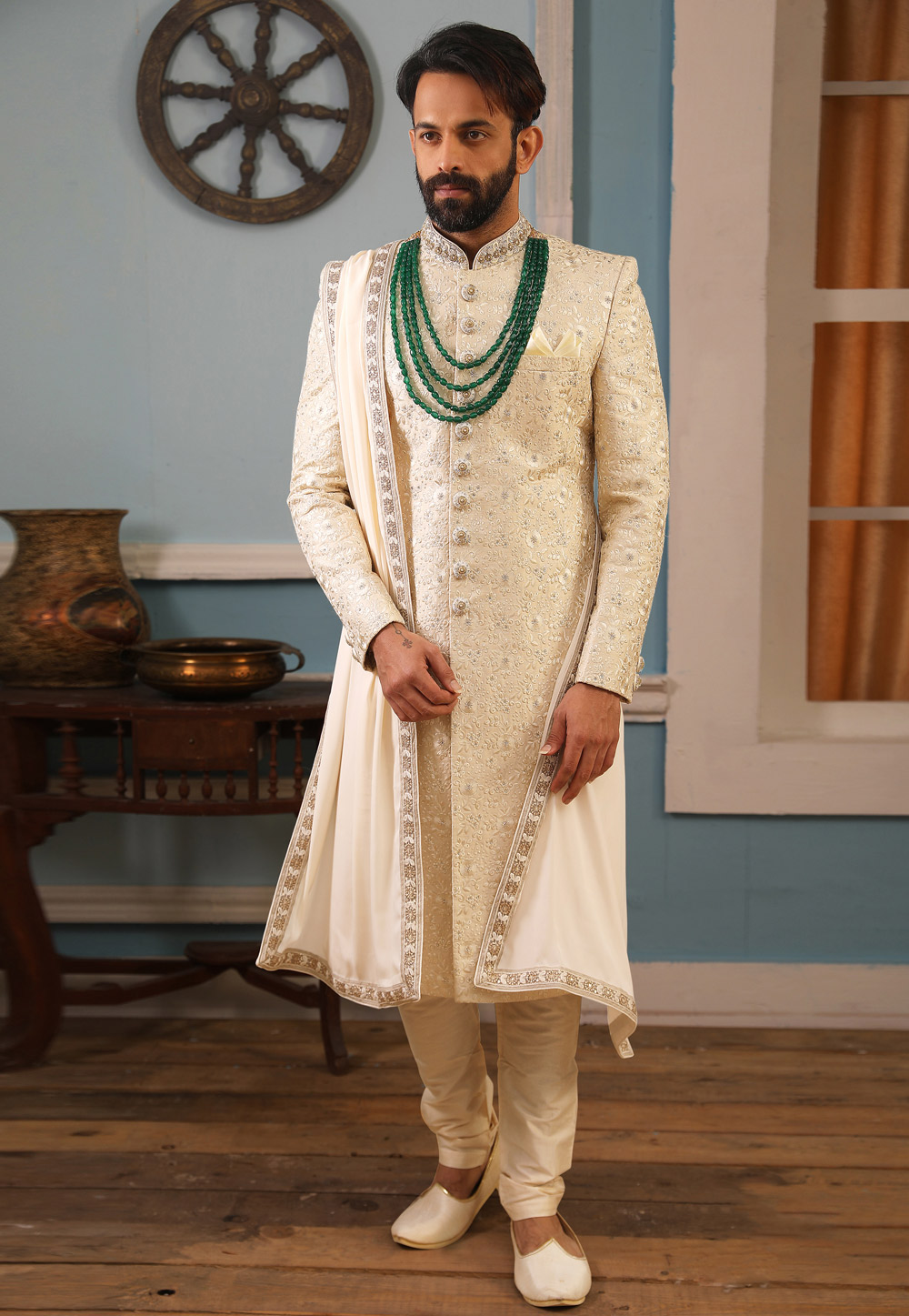 Cream Art Silk Readymade Pakistani Sherwani 187092