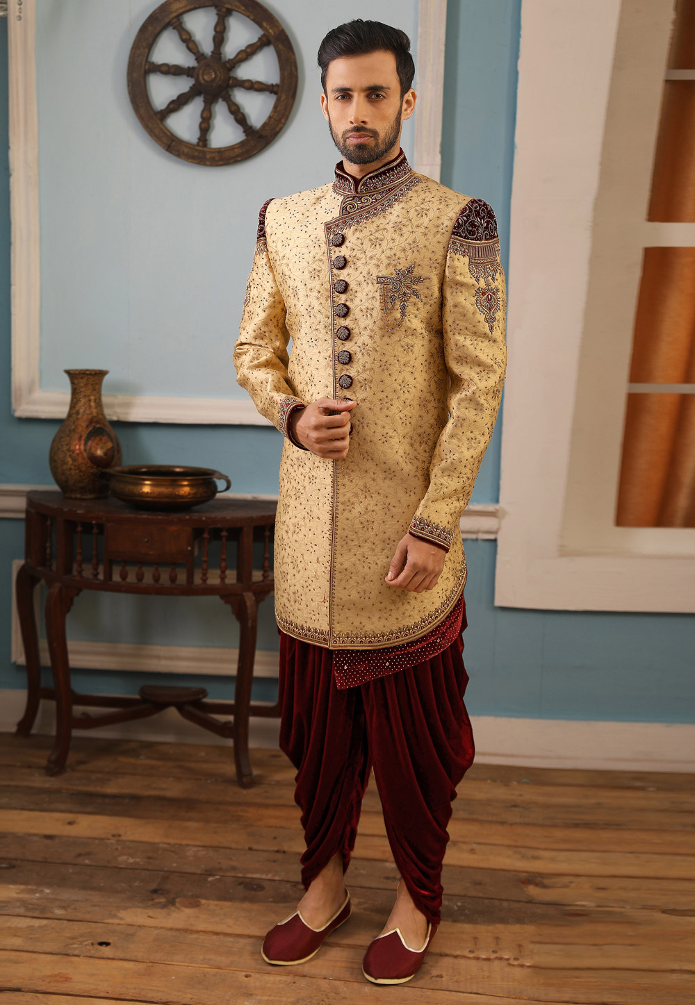 Golden Jacquard Silk Readymade Indo Western Sherwani 187108