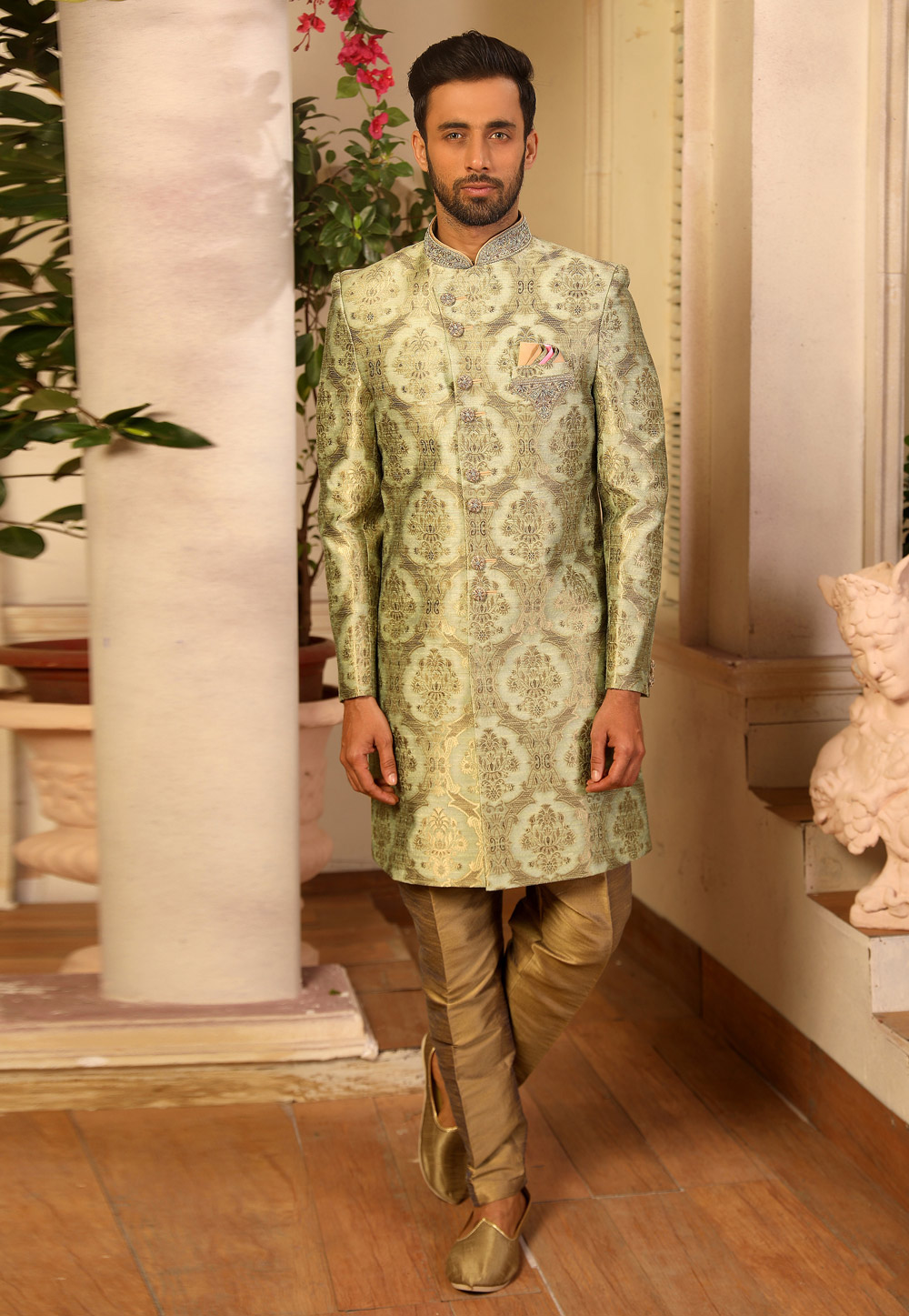 Sea Green Jacquard Silk Readymade Indo Western Sherwani 187123