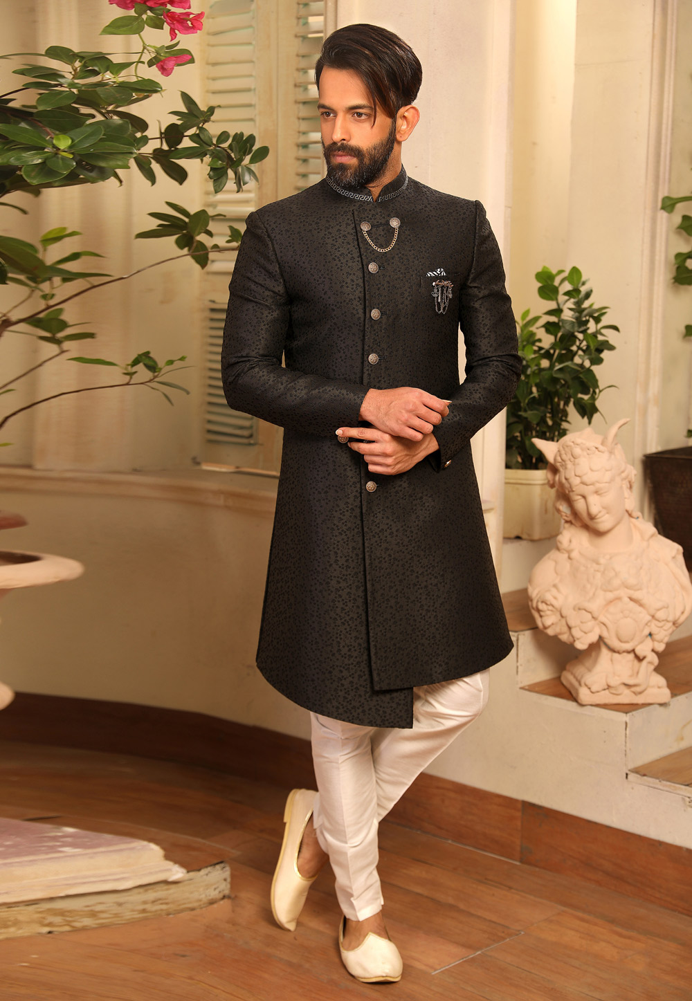 Black Jacquard Readymade Sherwani 185147