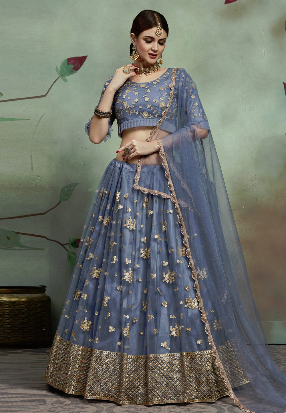Grey Net Circular Lehenga Choli 184530
