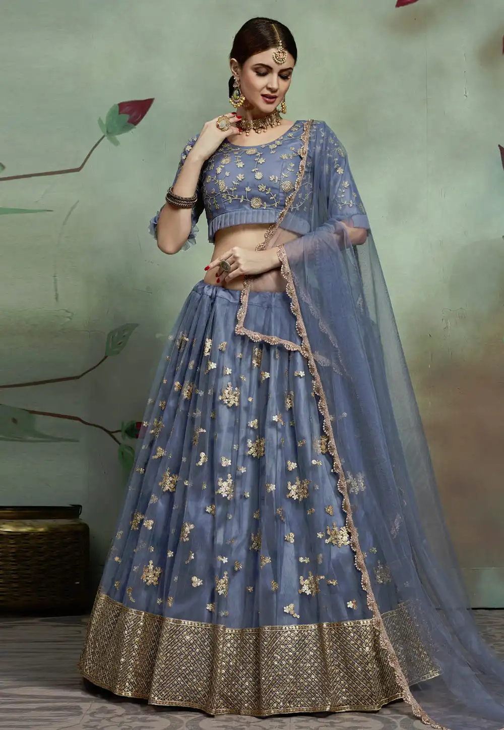 Grey Net Circular Lehenga Choli 184530