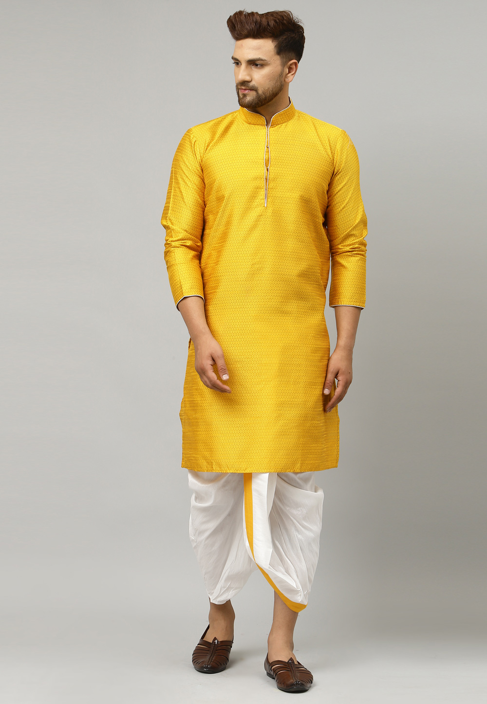 Yellow Dupion Silk Dhoti Kurta 229831
