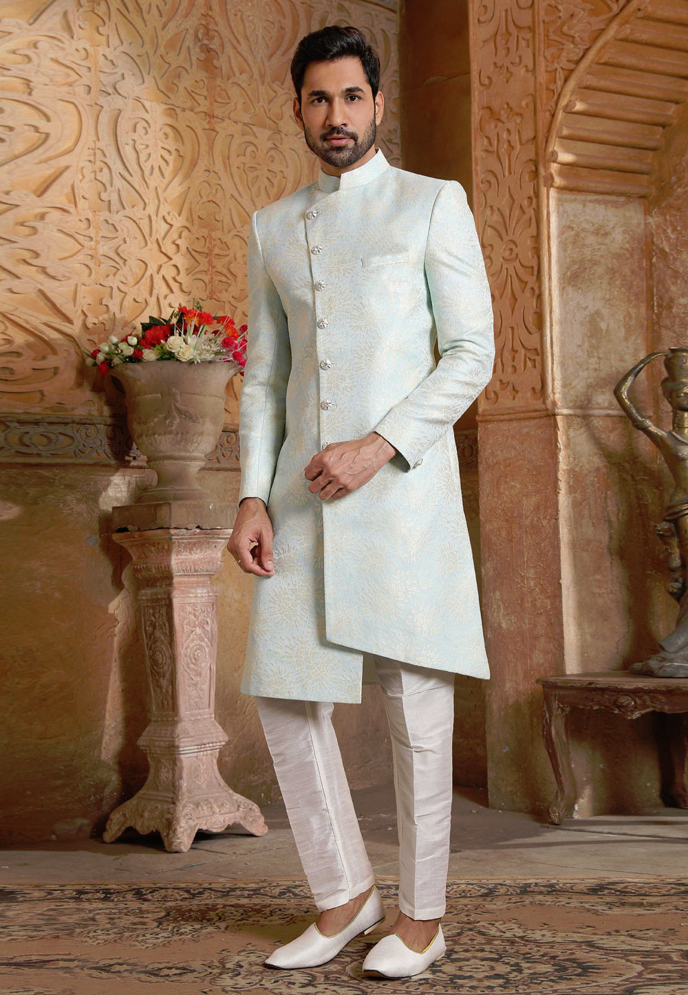 Sky Blue Silk Indo Western Suit 235105
