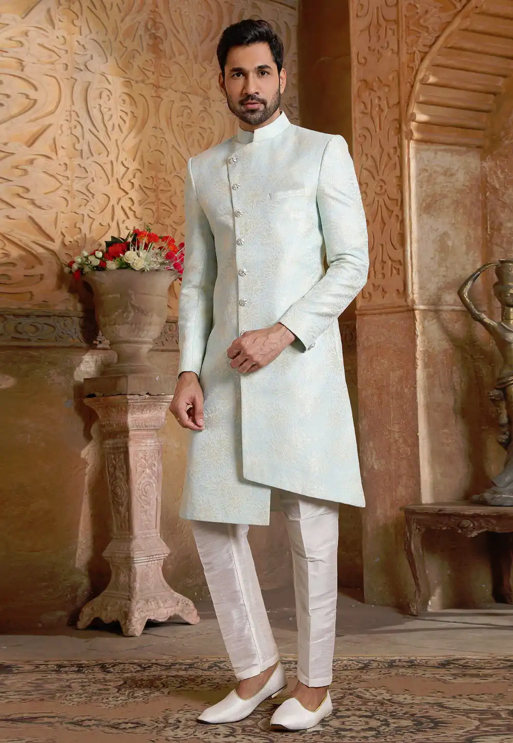 Sky Blue Silk Indo Western Suit 235105