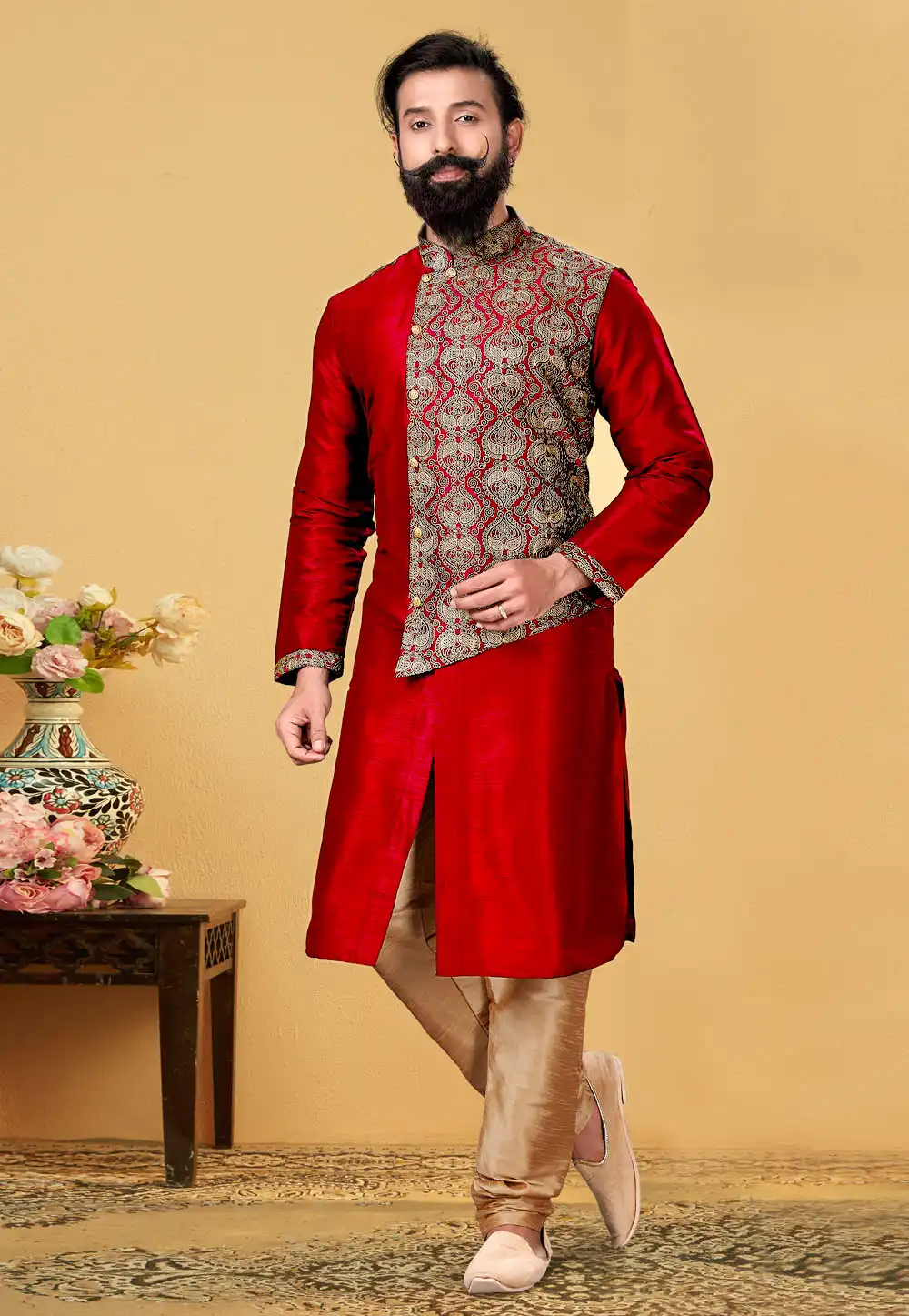 Maroon Dupion Silk Indo Western Suit 240107