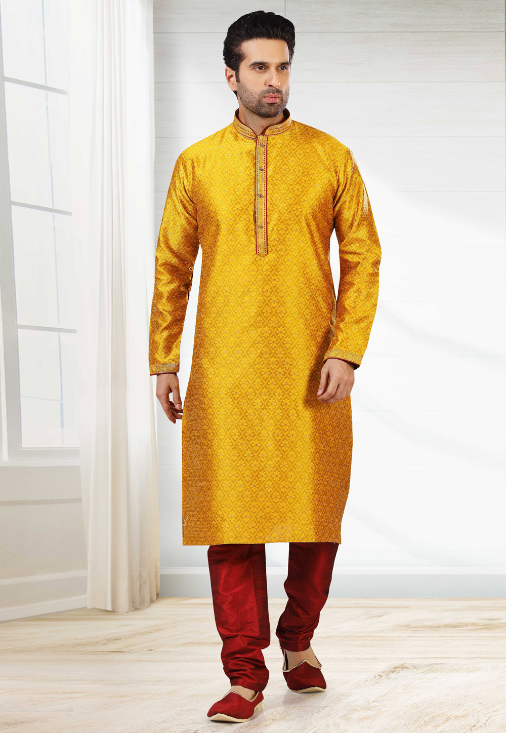 Mustard Jacquard Silk Kurta Pajama 235329
