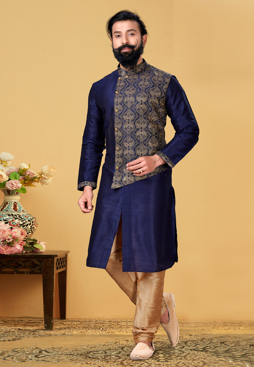 Navy Blue Dupion Silk Indo Western Suit 240105