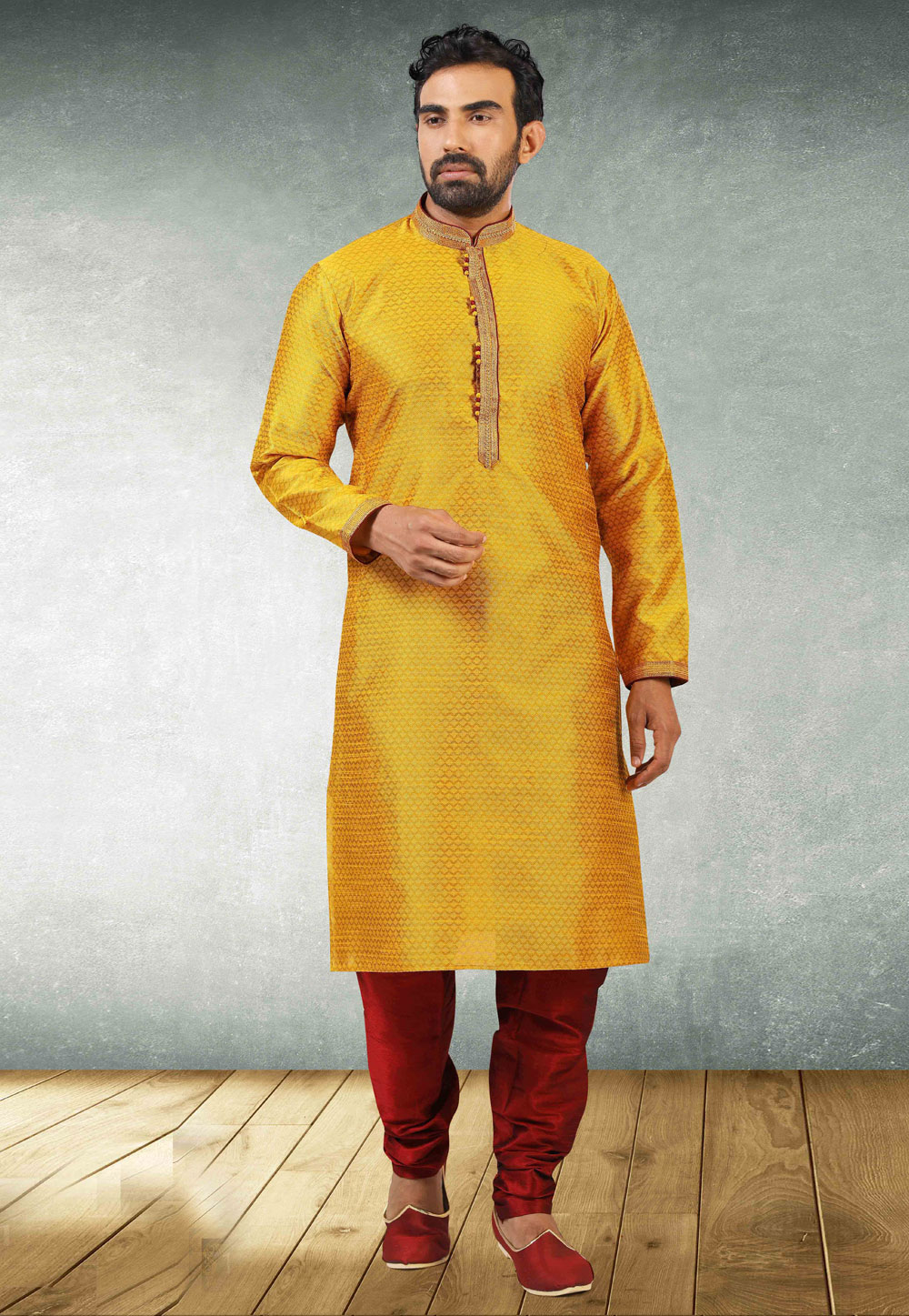 Mustard Jacquard Silk Kurta Pajama 235340