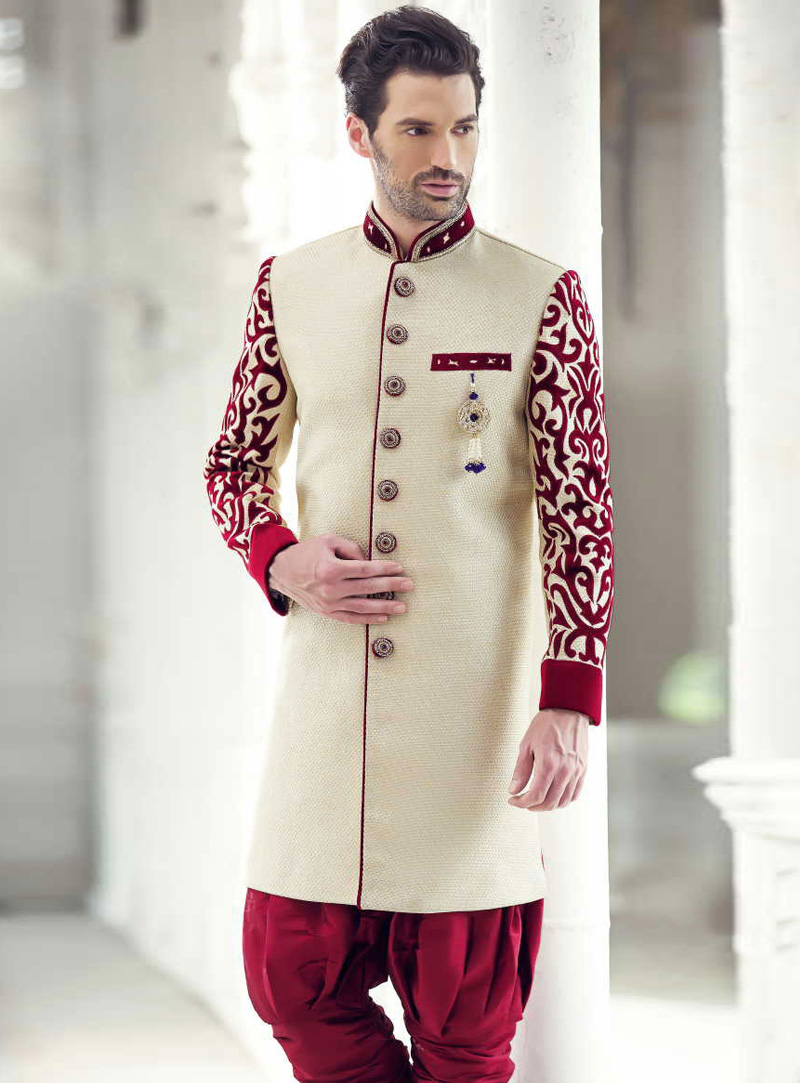 Cream Silk Achkan Style Sherwani 88369